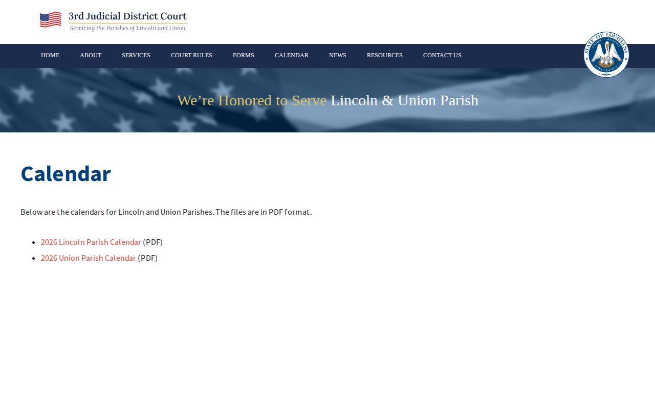 Lincoln Parish court docket calendar route at Third Judicial District Court